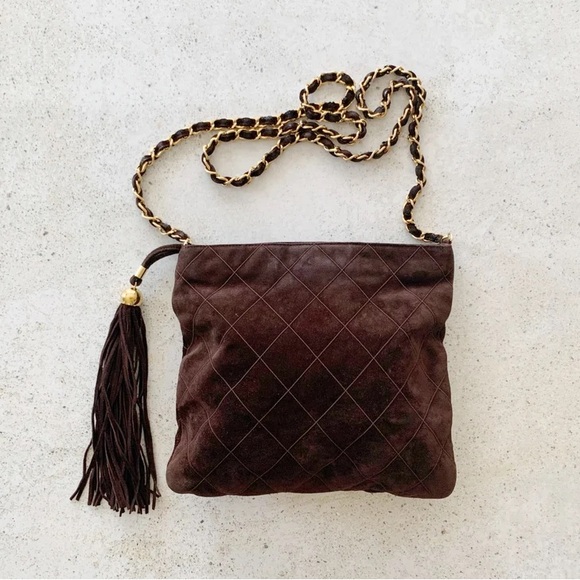 Vintage CHANEL Suede Quilted Purse Shoulder Bag - Picture 1 of 10